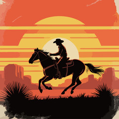 Vintage Silhouette Cowboy Riding Horse Against Retro Sunset &mdash; Bold 1980s Desert Illustration with Sunburst and Mountain Landscape

