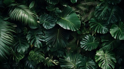 Fototapeta premium Lush, deep green foliage pattern of tropical plants.
