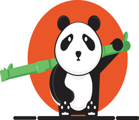 A panda sitting and holding a bamboo stick in its paws, surrounded by lush greenery