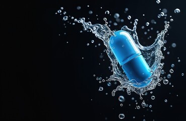 Blue medicinal capsule in water splash. Clear drops, liquid splash. Healthcare, medicine, pharmaceutical concept. Antibiotic, painkiller, vitamin pills. Abstract background, healthy lifestyle.
