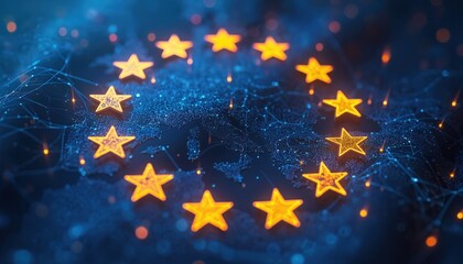 Digital illustration of European Union flag star circle. EU map with stars glowing on dark background. NIS2 Directive European law strengthening cybersecurity across EU, data protection, regulation.