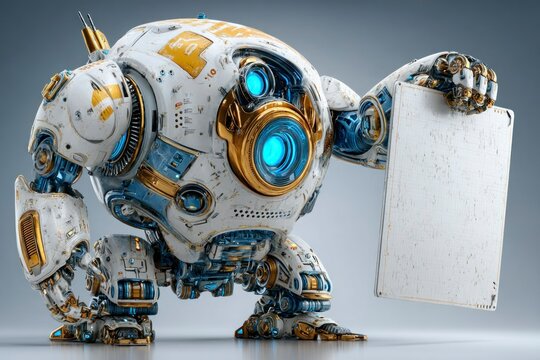 Futuristic Robot Holding a Blank Sign SciFi Technology Mechanical Design Blue and Gold Deta