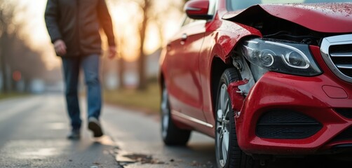 Red car accident aftermath. Damaged vehicle after collision on city road. Person walks away from auto wreck, insurance claim concept. Traffic safety problem.