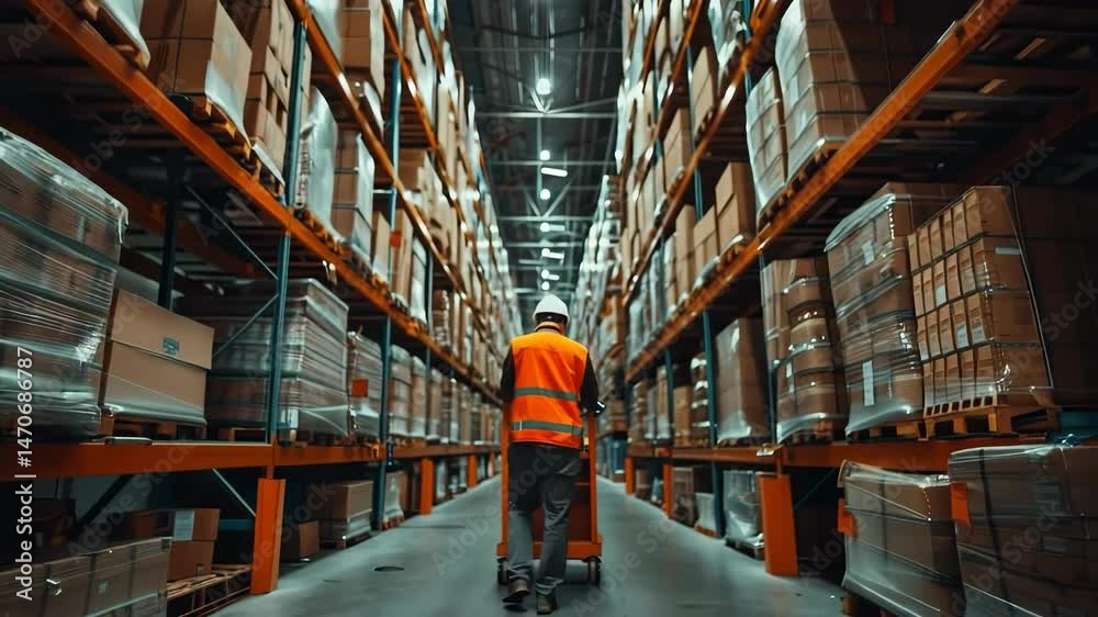 Poster a warehouse employee is seen from behind, pushing a cart down an aisle. shelves of stacked packages 