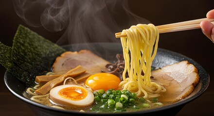 A steaming bowl of noodle soup with sliced pork, egg, seaweed, and scallions. Chopsticks hold noodles over a flavorful broth.