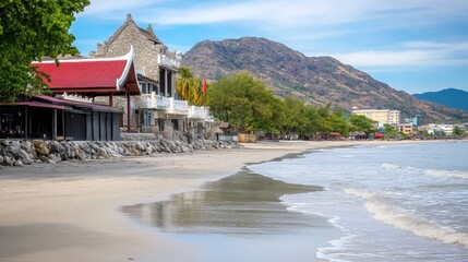 Serene Beachfront with Rocky Shoreline and Scenic Mountains Under Blue Sky