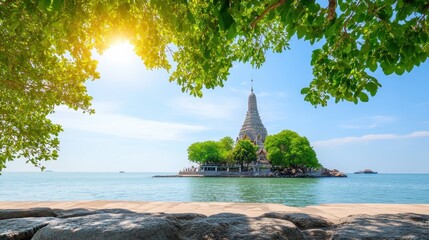 Serene Temple Island Surrounded by Calm Water and Lush Greenery Under Clear Blue Sky