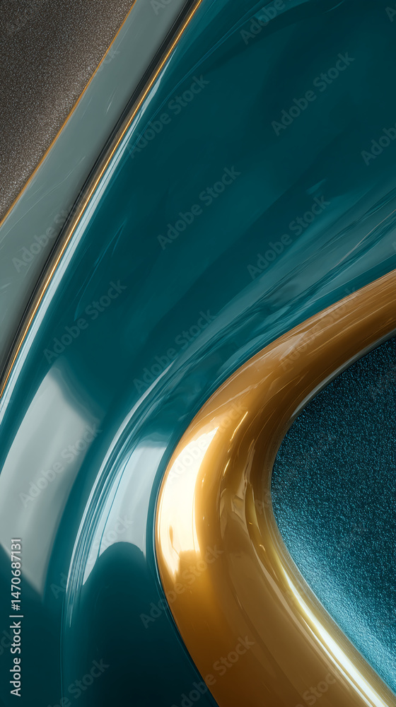 Poster Abstract image of teal and gold glossy curves, creating a modern and elegant design showcasing free space for text or logo, ideal for branding or website banner