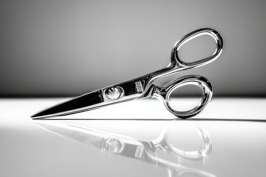 A close-up studio shot of a pair of shiny metal scissors resting on a reflective surface with a subtle grey gradient background, showcasing sharpness and precision.
