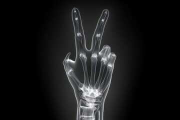 An x-ray style image of a hand showing a peace sign with a black background, a ghostly and ethereal representation of anatomy with artistic flair and symbolic significance.