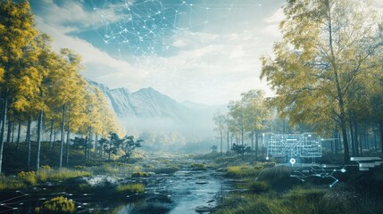 Obraz premium A serene, digital landscape with interconnected pathways.
