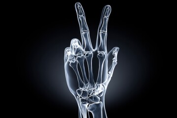 Naklejka premium An X-ray view of a hand making the peace or victory sign, on a black background, showing bones and internal structure in shades of white and gray detail, and modern.