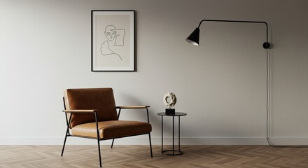 Fototapeta premium A stylish and minimalist living room setup with a brown armchair, modern lamp, and decorative sculpture on a side table, featuring a neutral wall and subtle artwork