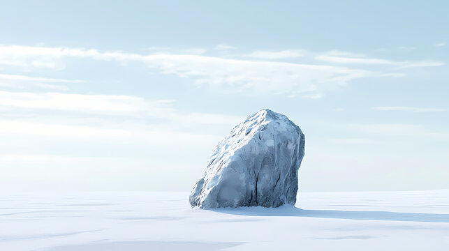 Single rock formation on an endless snowy plain, peaceful, tranquil, frozen. [Frozen Monoliths] | Frozen Idol | snowbound deity. Illustration