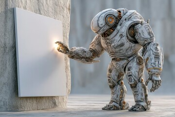 Fototapeta premium Futuristic Robot Interacting with a Blank Panel SciFi Technology Concept Advanced Machinery
