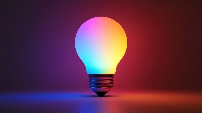 Illuminating idea concept.  Colorful light bulb glows in gradient hues against a dark, vibrant backdrop