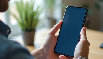 Person using smartphone applying online. Hand holds mobile phone with blue screen, surfing web, browsing social media. Communication, tech, modern lifestyle. Employment, career, remote work, app.