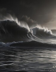 Fototapeta premium Silky vapor rises above deep, black, blurred waves Subtle light, dark tones , subtle, nature