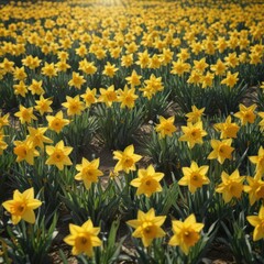 Obraz premium Sunlit field of vibrant yellow daffodils, petals glistening , meadow, outdoor
