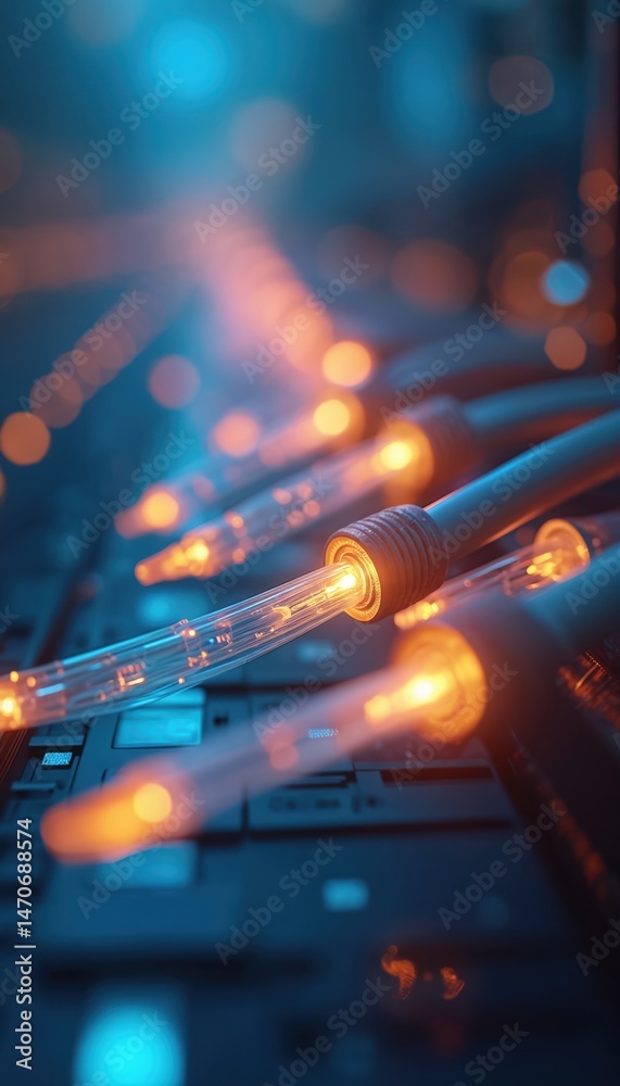 Poster close-up fiber optic cables glowing with warm light. digital data transfer, internet connection, mod