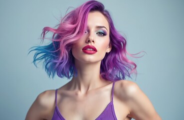 Naklejka premium Portrait of woman with vibrant purple hair. Attractive girl with bright lips, makeup. Hair fluttering in wind. Trendy female model. Modern beauty, fashion, hair coloring. Stylish look.
