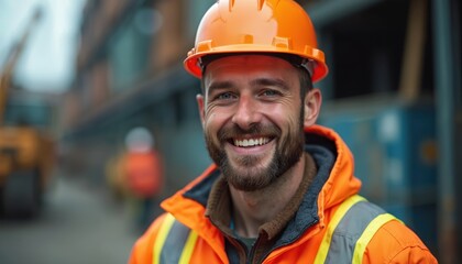 Smiling construction worker wearing hard hat, high-visibility jacket on industrial site. Happy man with beard smiles at camera, shows confidence. Job, occupation, work, pro, confident person, builder.