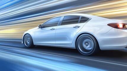 Fototapeta premium White Car in Motion with Blurred Background Depicting Speed and Modernity