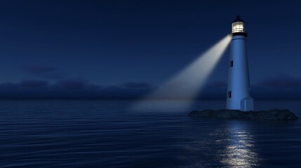Illuminated lighthouse beaconing at night over dark water.
