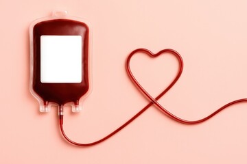 Blood donation bag with connected tubing shaped as a heart symbol. Healthcare, emergency medicine, altruism, support, life-saving donation. Image isolated on pink background with copy space