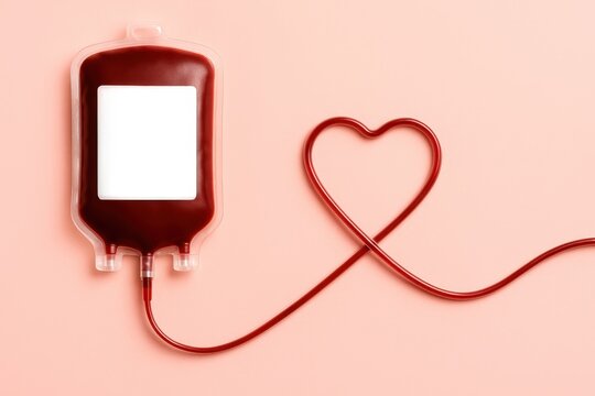 Blood donation bag with connected tubing shaped as a heart symbol. Healthcare, emergency medicine, altruism, support, life-saving donation. Image isolated on pink background with copy space