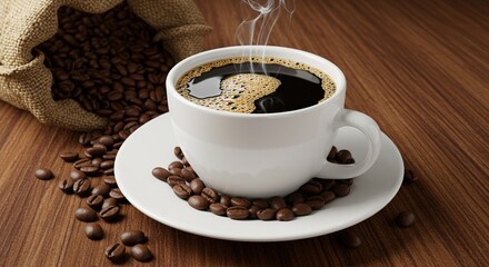 Fototapeta premium A freshly brewed cup of coffee placed on a saucer, surrounded by coffee beans and a burlap sack, with steam rising from the coffee, creating a warm and inviting atmosphere