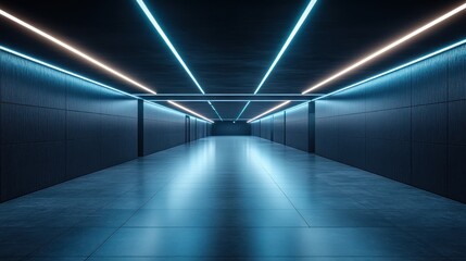 Futuristic dark tunnel with neon lights