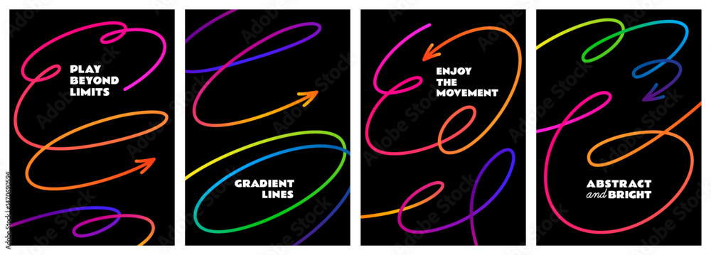 Leinwandbilder Color Line Abstract Shapes. Gradient Pattern Elements on Black Background. Vector Squiggle Arrows. Dynamic Graphic Sketch Waves.