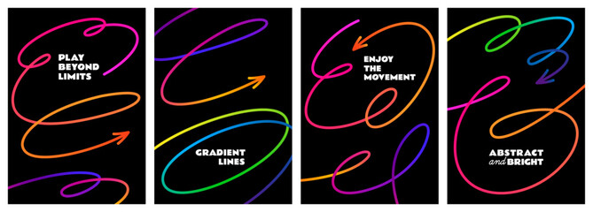 Color Line Abstract Shapes. Gradient Pattern Elements on Black Background. Vector Squiggle Arrows. Dynamic Graphic Sketch Waves.