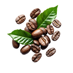 Roasted coffee beans with fresh leaves on a transparent background showcasing the rich texture and aroma of coffee, roasted coffee beans with leaves on transparent background