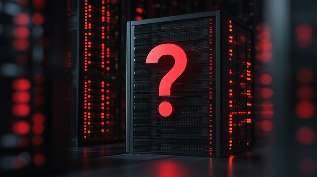 Data server room red lights question mark technology mystery web rack dark enigma future design