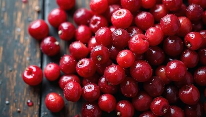 Pile fresh ripe cranberries top down view on old wooden table. Healthy food ingredient, raw dessert in market. Juicy red berries, vitamin source, natural harvest, organic. For cooking recipes,