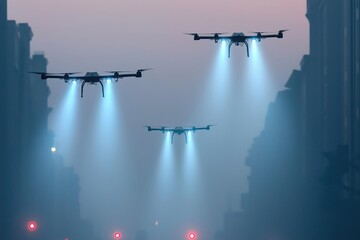 Minimalist photo of military reconnaissance drones scanning a crowded downtown street, people unaware of the surveillance, eerie blue light beams illuminating the area, a bright sunny afternoon.