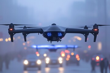 Minimalist photo of military reconnaissance drones scanning a crowded downtown street, people unaware of the surveillance, eerie blue light beams illuminating the area, a bright sunny afternoon.