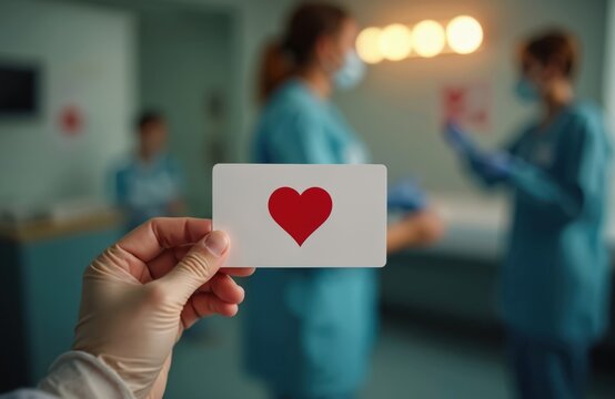 Hand holding blood donor card with heart logo in clinical setting. Symbol of generosity health awareness. Doctors, nurses medical team, healthcare workers in clinic, hospital. Volunteerism, donation