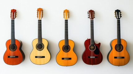 Fototapeta premium Five acoustic guitars displayed horizontally