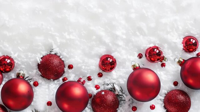 A festive display of shiny and textured red Christmas ornaments interspersed with tiny red berries, set against a backdrop of fluffy white snow, suggesting a celebratory and wintery holiday season.