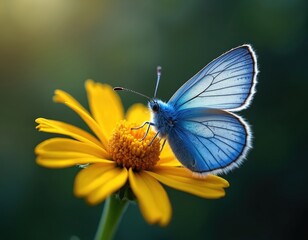 Obraz premium Vibrant blue butterfly perched on bright yellow flower in soft natural light. Intricate patterns on wing. Nature scene color contrast. Delicate insect in garden. Perfect for eco, beauty, summer