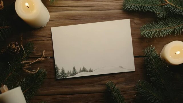 Rustic holiday card mockup with blank paper on wooden table surrounded by evergreen branches and candles
