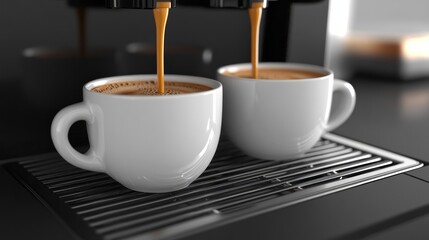 Espresso machine dispensing coffee into two white cups.