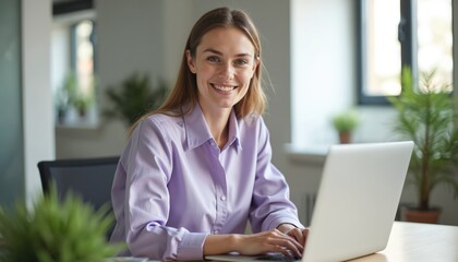 Attractive young woman works laptop in office. Beautiful female person smiles and looks at camera with computer on desk. Girl types keyboard. Business work, freelance at home.