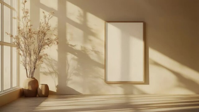 Elegant sunlit room interior with blank canvas frame for art or poster display mockup