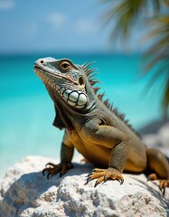 Exuma rock iguana Cyclura cychlura figginsi on stone at sea coast. Green iguana lizard reptile wildlife with tropical beach backdrop. Wild animal in natural habitat.