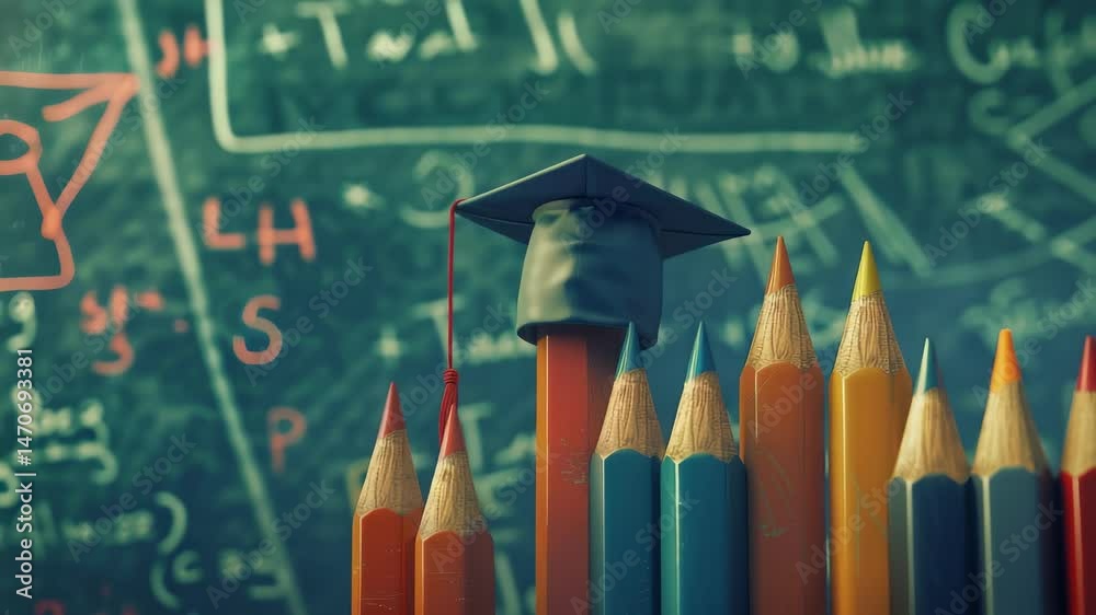 Poster a still life showcases a graduation cap perched on a pencil, with a colorful array of pencils in fro