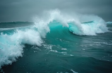 Ocean wave breaking on the coast. Powerful arctic ocean water splashing with foam. Dramatic nature scene blue-green color, storm clouds. Iceland coast. Marine background. Sea water surface with foam.